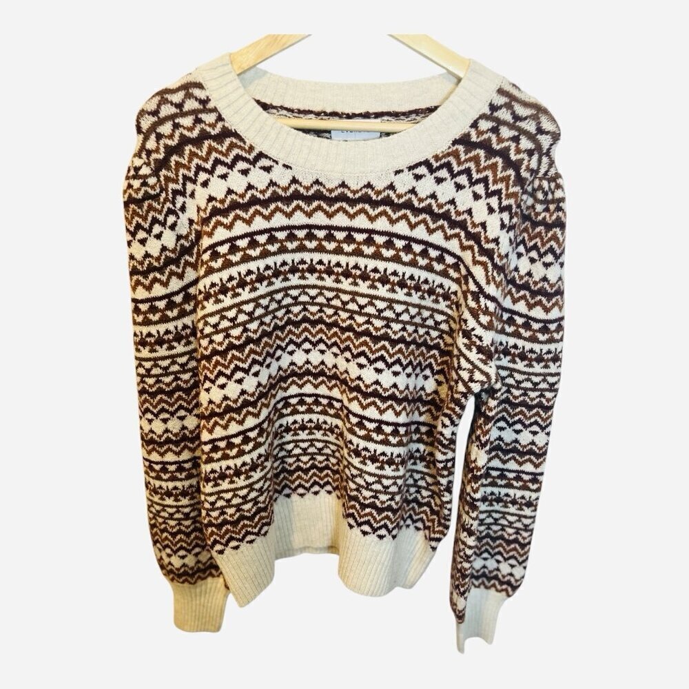 Evereve Haylo Fair Isle Pullover Sweater Size XL Puff Sleeve Cream Brown NWT - Picture 4 of 9